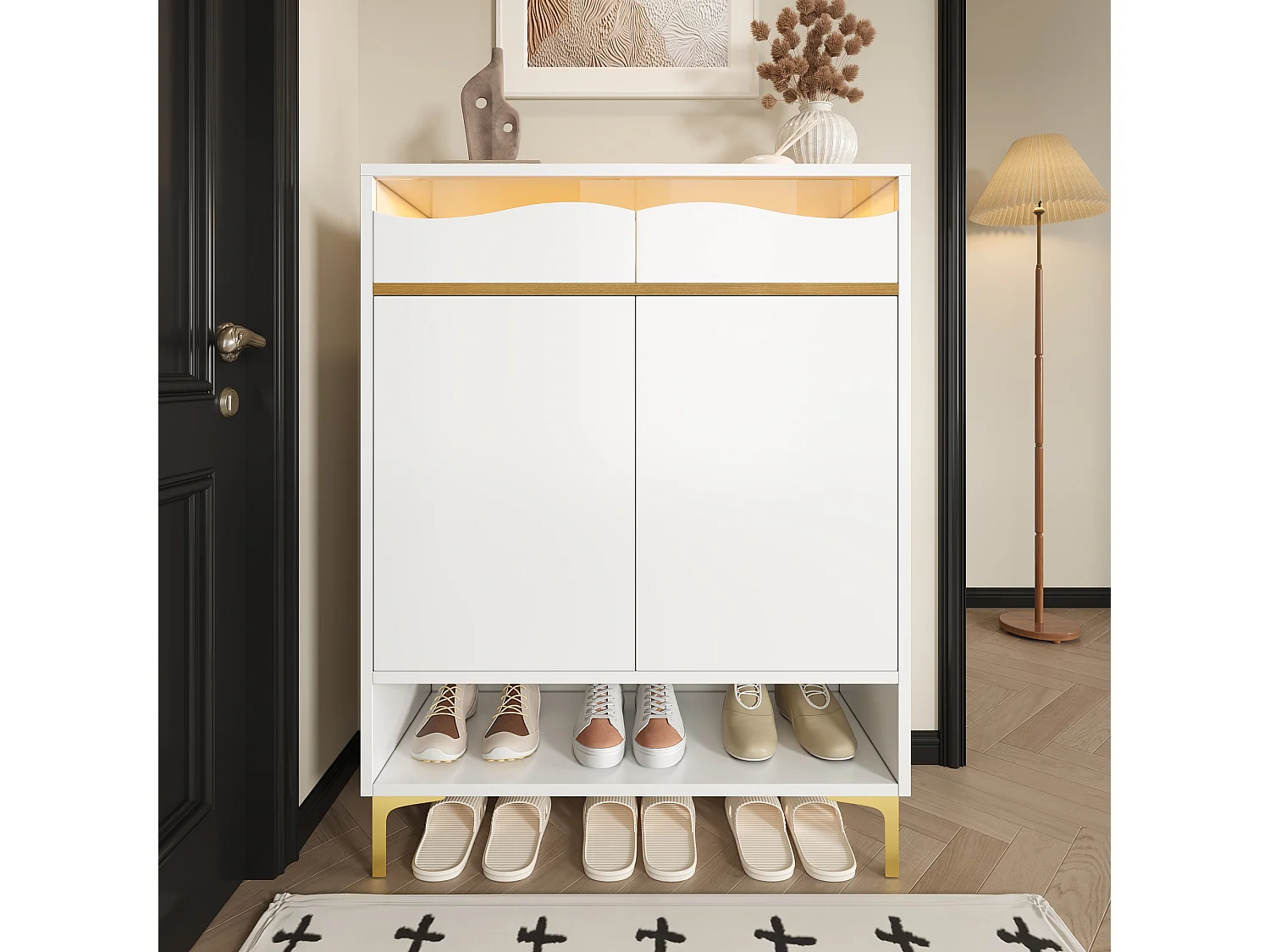 Meuble à chaussures moderne 80x35x105cm - avec LED - 2 tiroirs et 2 portes - blanc