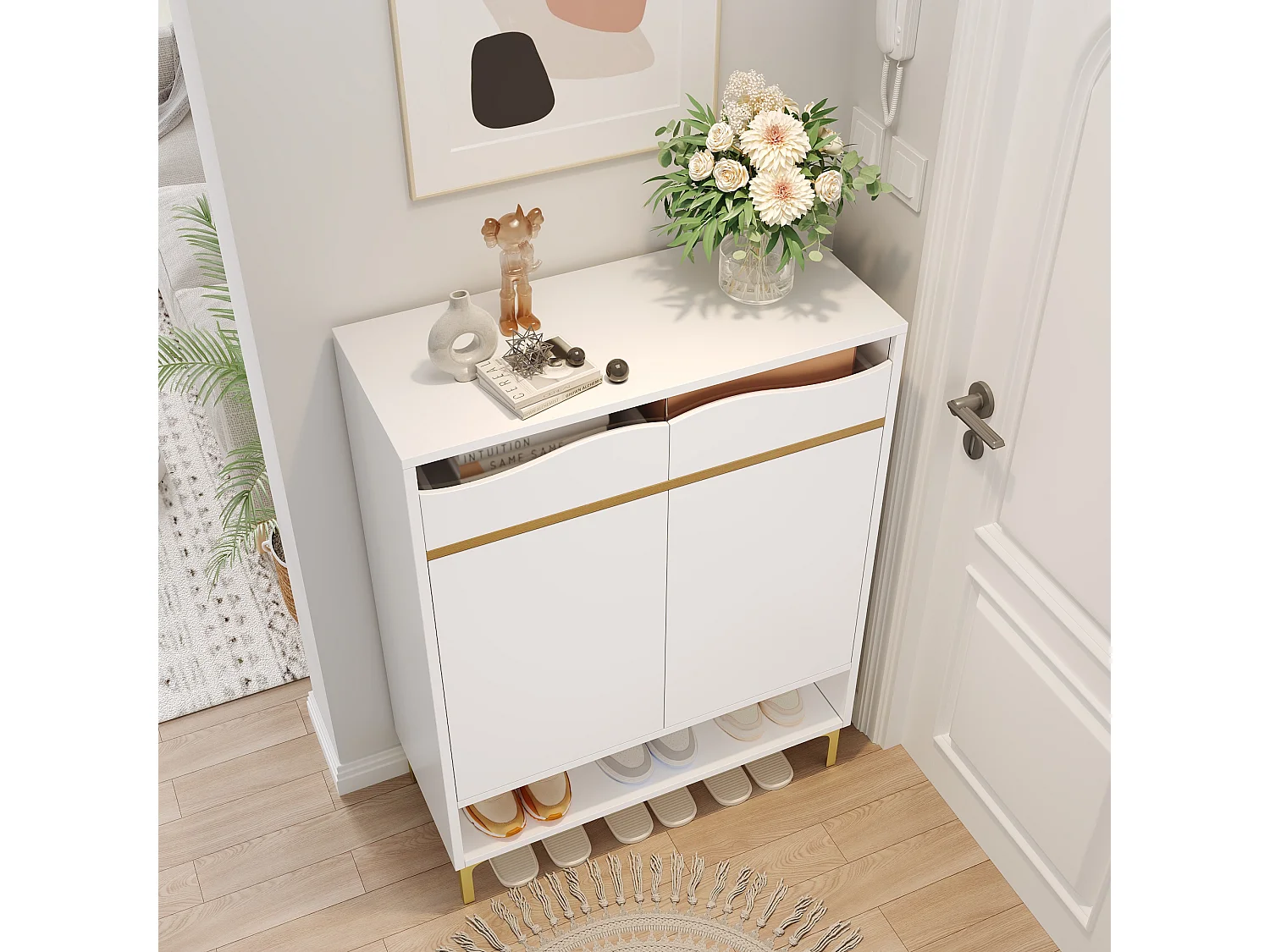 Meuble à chaussures moderne 80x35x105cm - avec LED - 2 tiroirs et 2 portes - blanc