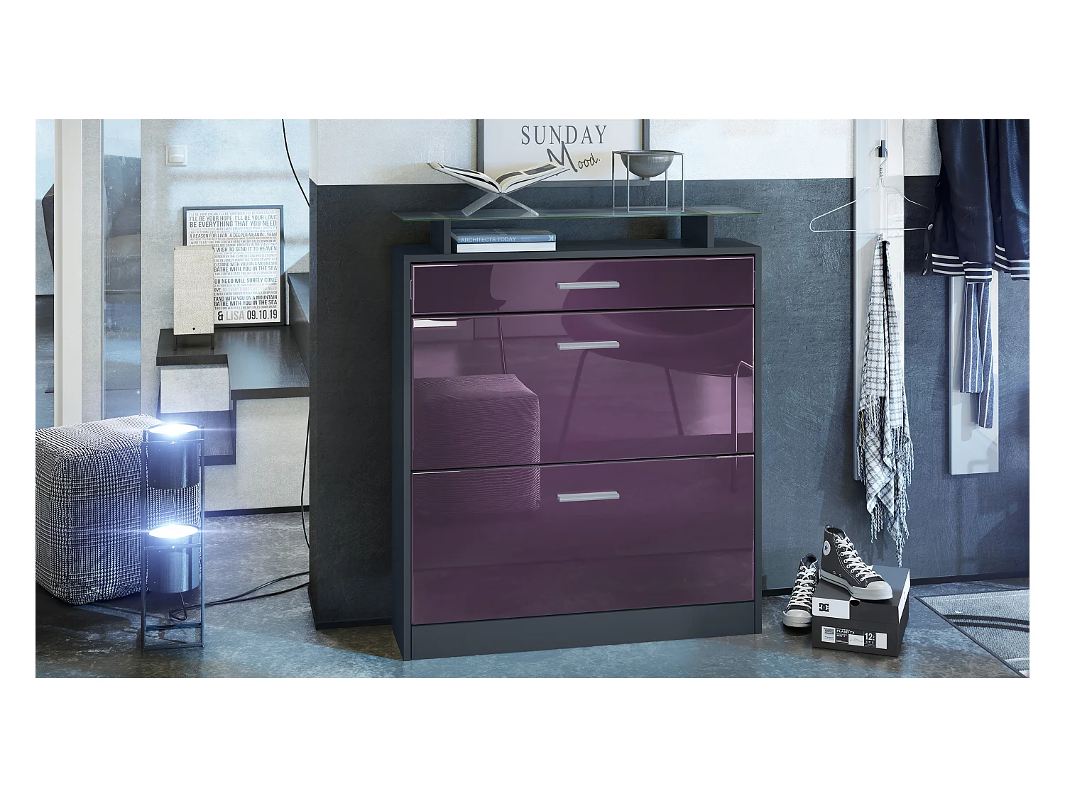 SCHUHSCHRANK Loret Fronten in Brombeer Hochglanz