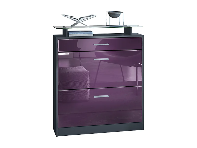 Meuble à chaussures Loret 89 x 104 x 23 cm pour 16 paires de chaussures, caisson en Anthracite mat et façades en Mûre haute brillance