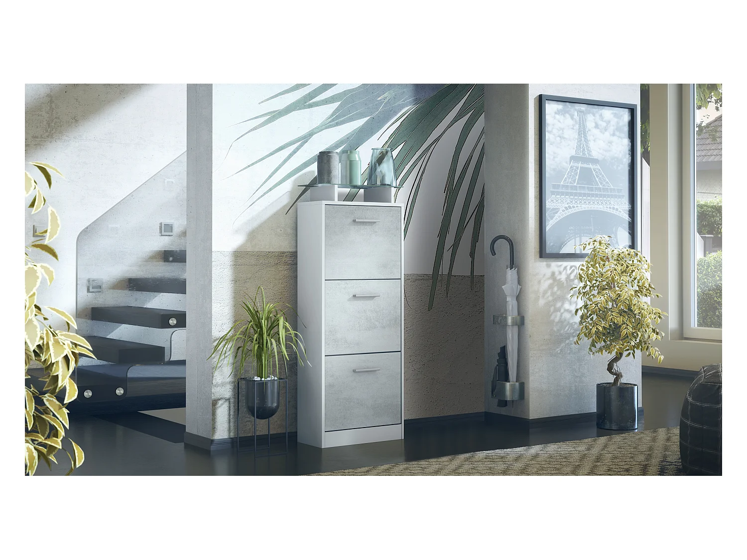 Meuble à Chaussures Lavia V2, Range-Chaussures pour 12 Paires avec 3 Abattants et Étagère en Verre, blanc mat/aspect béton oxyde (46 x 128 x 23 cm)