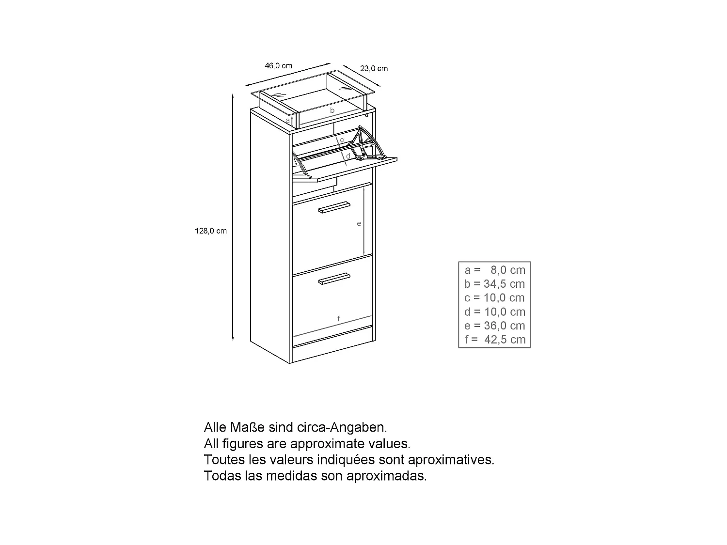 Meuble à Chaussures Lavia V2, Range-Chaussures pour 12 Paires avec 3 Abattants et Étagère en Verre, blanc mat/aspect béton oxyde (46 x 128 x 23 cm)
