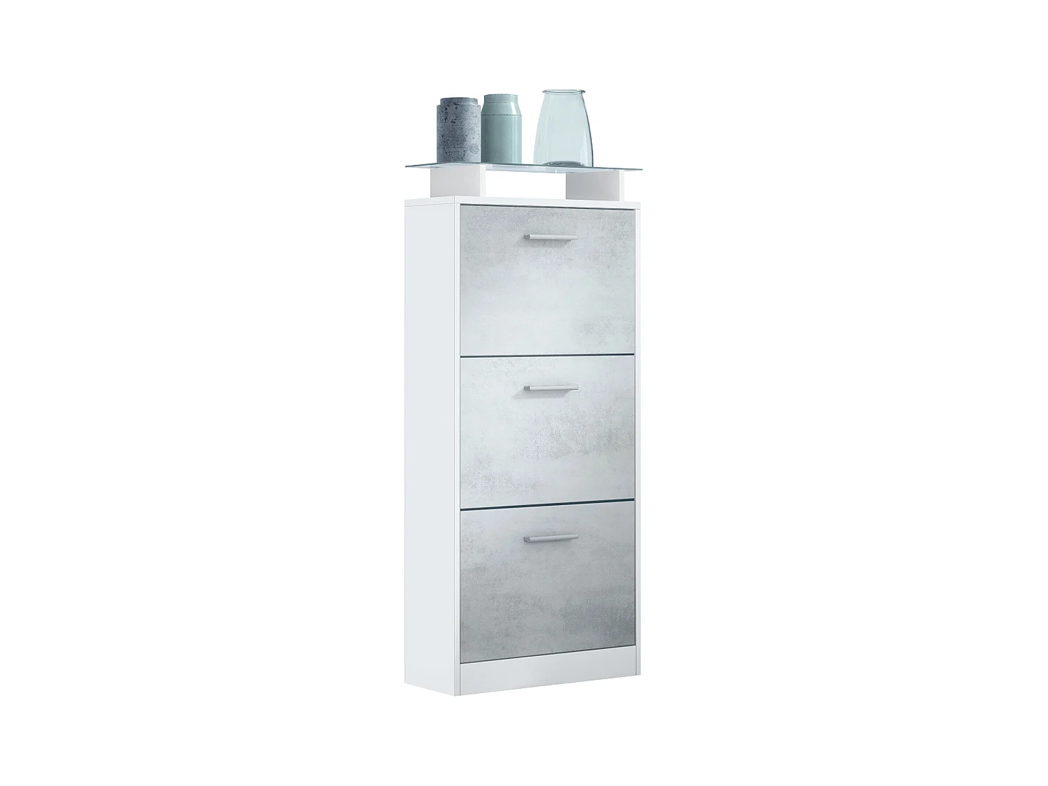 Meuble à Chaussures Lavia V2, Range-Chaussures pour 12 Paires avec 3 Abattants et Étagère en Verre, blanc mat/aspect béton oxyde (46 x 128 x 23 cm)