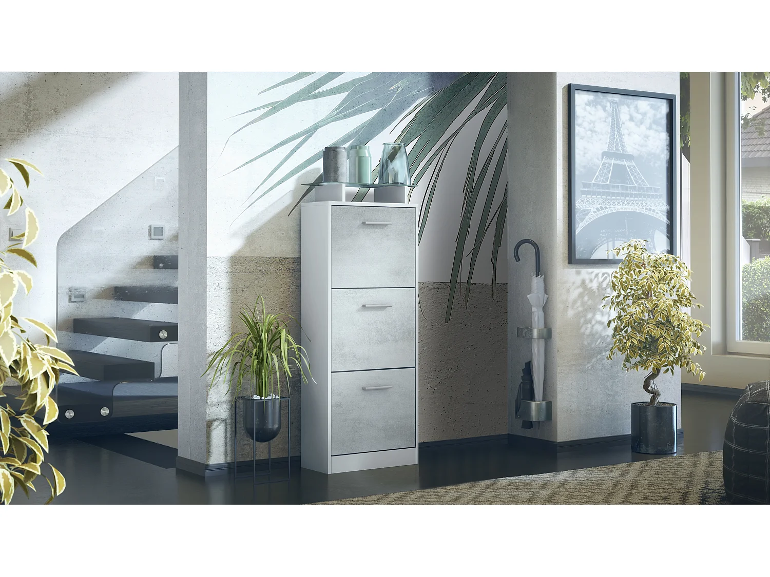 Vladon Scarpiera Lavia V2, Scarpiera per 12 Paia di Scarpe con 3 Ribalte e Mensola in Vetro, bianco opaco/ottica cermento ossido (46 x 128 x 23 cm)