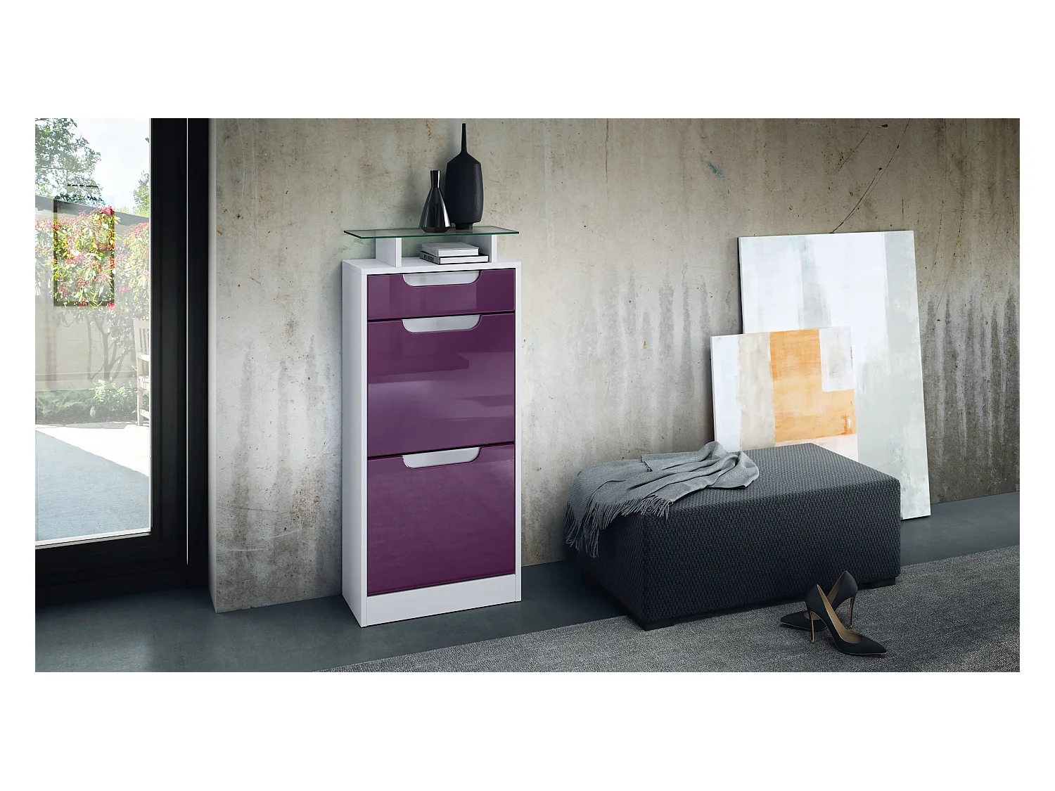 Meuble à chaussures Fiesta V2, Corps en Blanc mat / Façades en Mûre haute brillance avec un decor en Blanc haute brillance