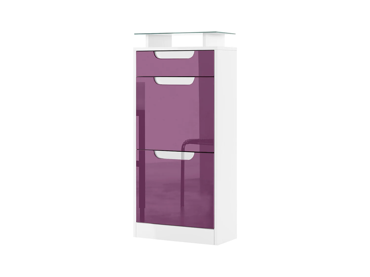 Meuble à chaussures Fiesta V2, Corps en Blanc mat / Façades en Mûre haute brillance avec un decor en Blanc haute brillance