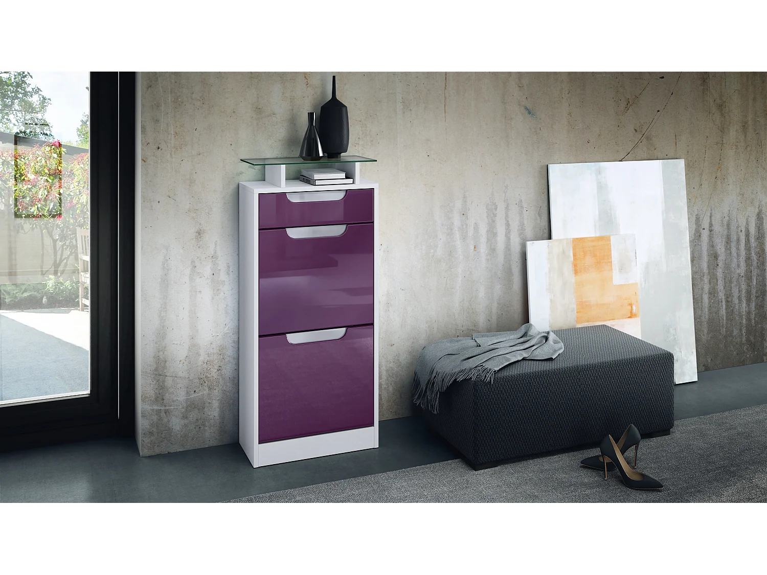 Scarpiera Fiesta V2, Struttura in bianco opaco / Frontale in violetto-porpora con profili in bianco lucido