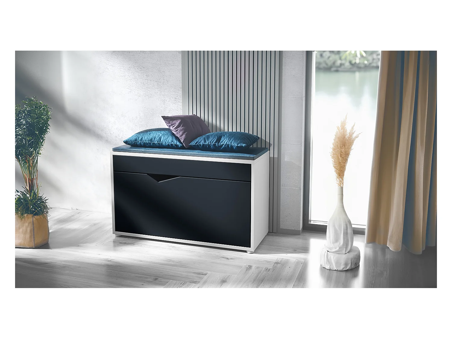 Banc à Chaussures Kolmio, Banc d'Assise pour 8 Paires de Chaussures, Étagère à Chaussures avec Siège, blanc mat/noir mat (85 x 50 x 33 cm)