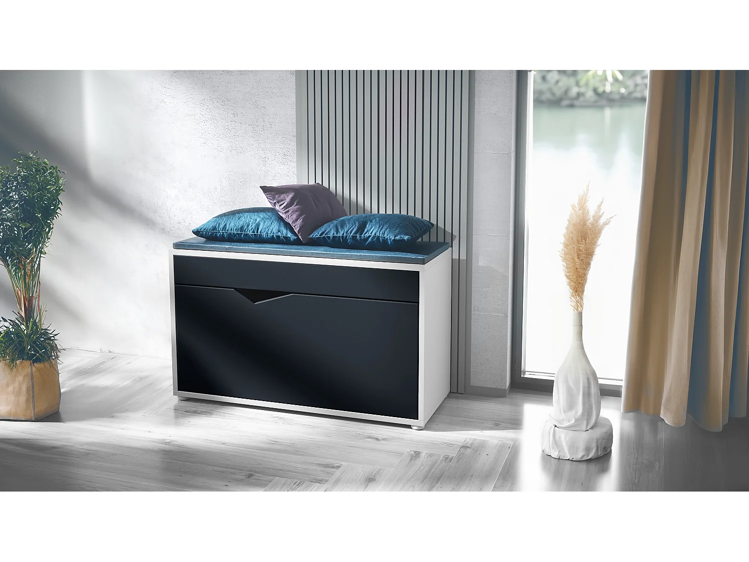 Banco Zapatero Kolmio, Banco para 8 Pares de Zapatos, Zapatero con Asiento, blanco mate/negro mate (85 x 50 x 33 cm)