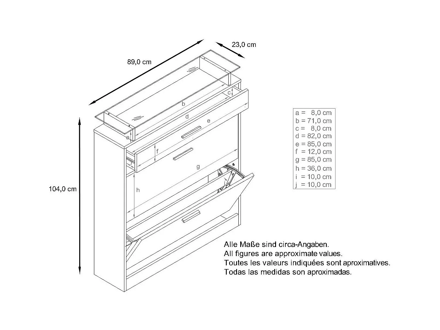 Meuble chaussure Loret, Étagère à chaussures pour 16 paires de chaussures avec 2 clapets à bascule, 1 tiroir, Noir mat/Blanc brillant (89 x 104 x 23 cm)
