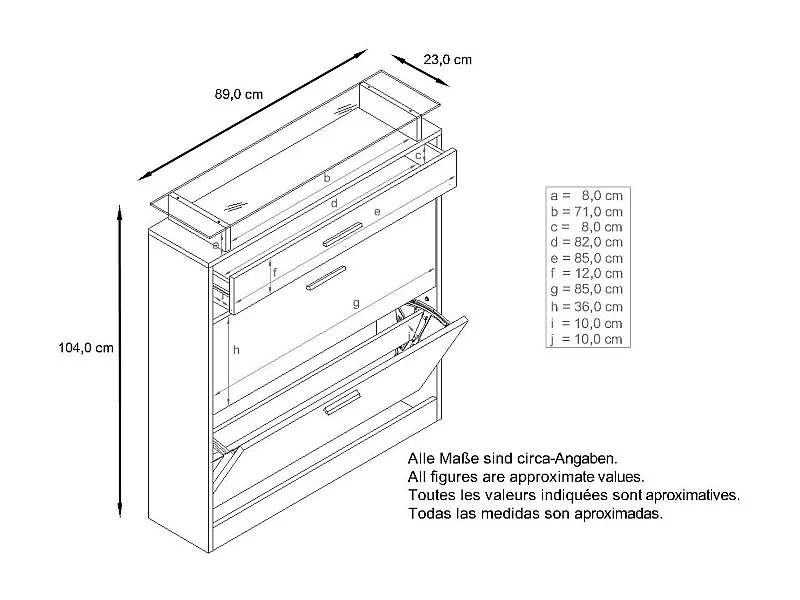 Meuble chaussure Loret, Étagère à chaussures pour 16 paires de chaussures avec 2 clapets à bascule, 1 tiroir, Noir mat/Blanc brillant (89 x 104 x 23 cm)
