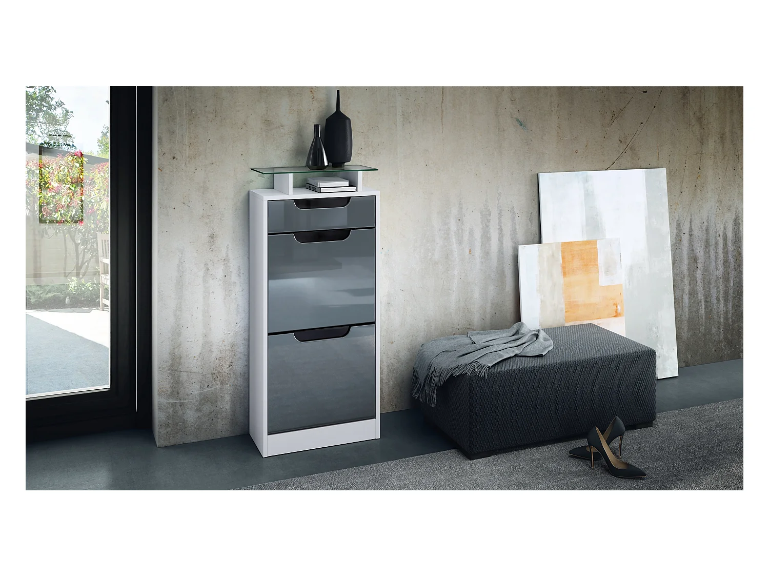 SCHUHSCHRANK Fiesta Grau Hochglanz / Schwarz Hochglanz