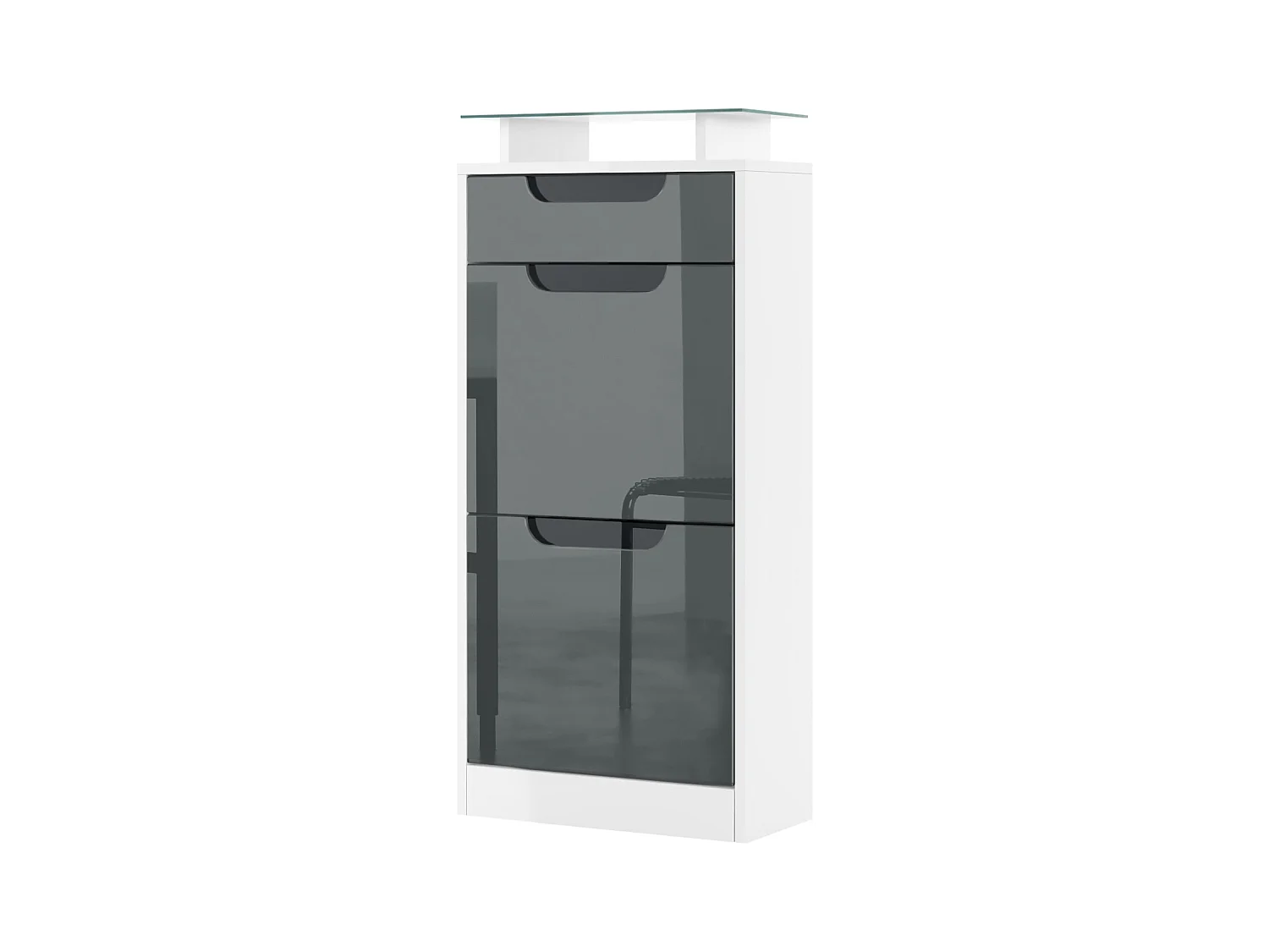 Meuble à chaussures Fiesta V2, Corps en Blanc mat / Façades en Gris haute brillance avec un decor en Noir haute brillance