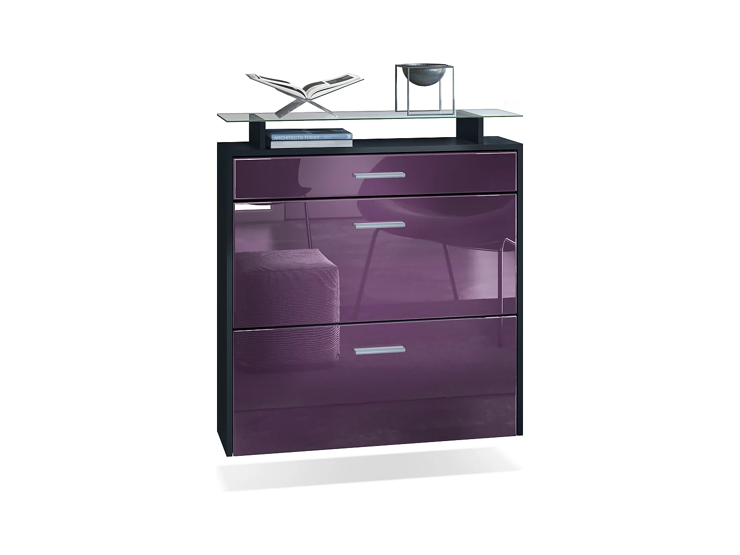 Meuble chaussures Malea, Armoire à chaussures murale pour 16 paires avec 2 clapets, 1 tiroir, Noir mat/Mûre brillant  (89 x 96 x 23 cm)