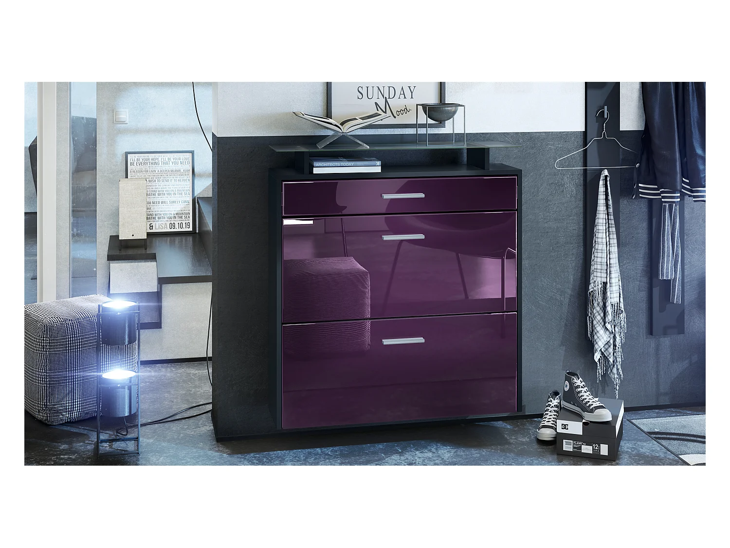 Meuble chaussures Malea, Armoire à chaussures murale pour 16 paires avec 2 clapets, 1 tiroir, Noir mat/Mûre brillant  (89 x 96 x 23 cm)