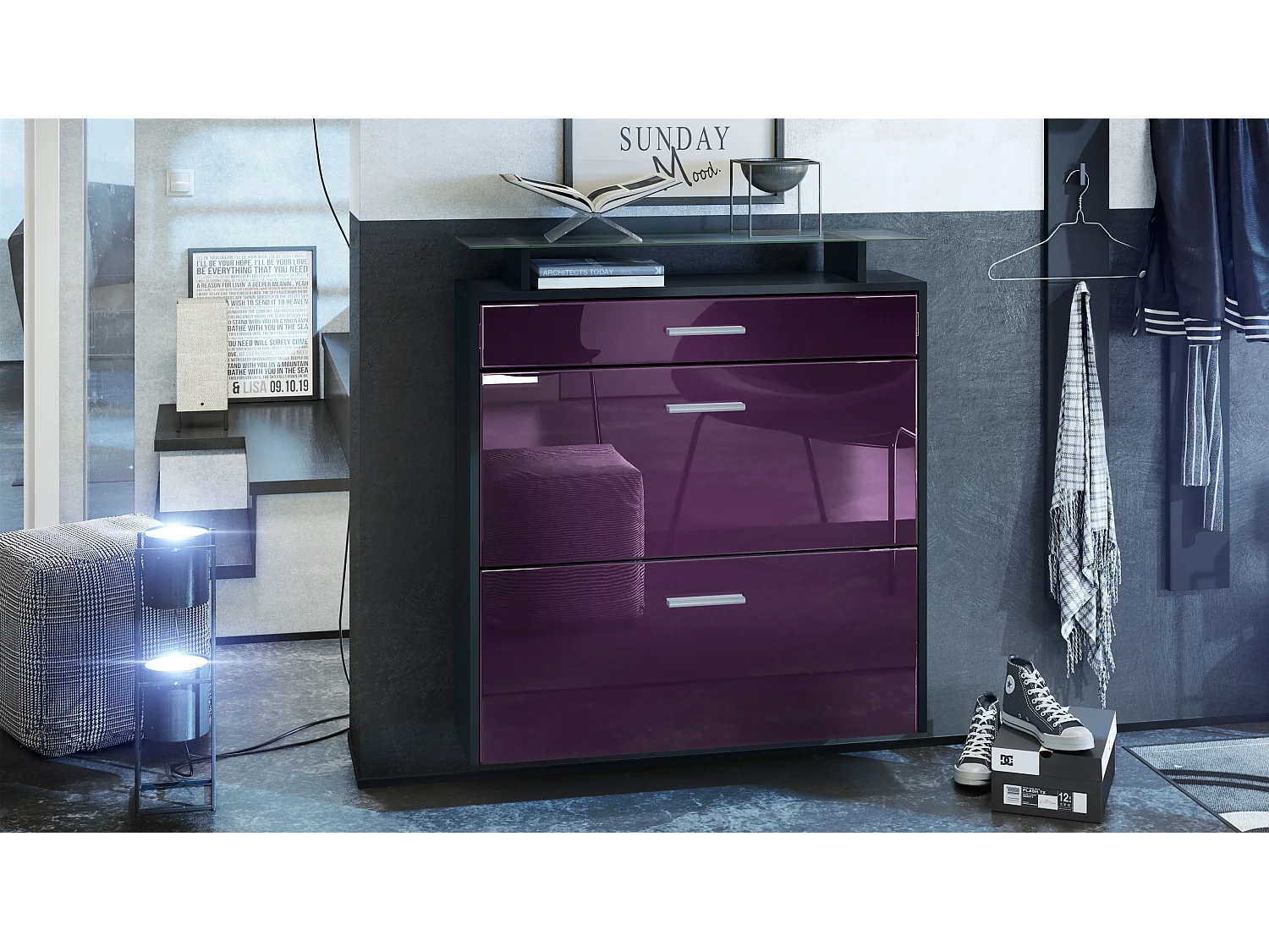 SCHUHSCHRANK Malea Front in Brombeer Hochglanz