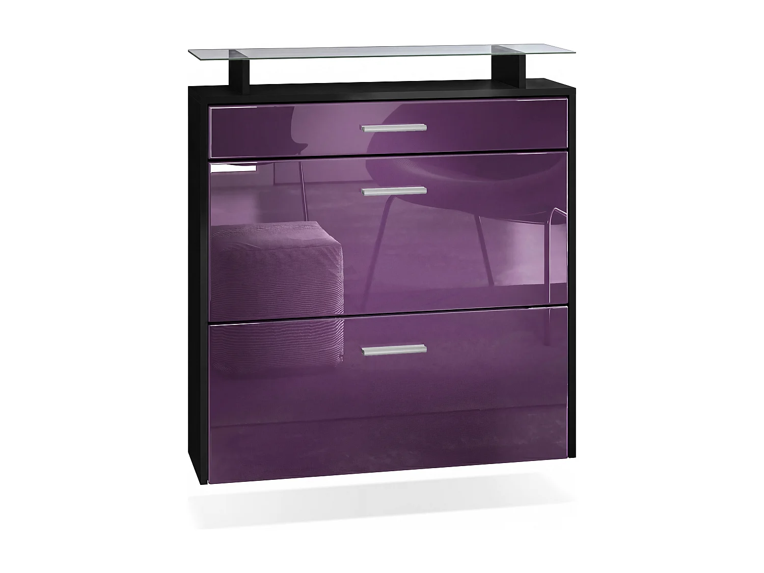 Meuble chaussures Malea, Armoire à chaussures murale pour 16 paires avec 2 clapets, 1 tiroir, Noir mat/Mûre brillant  (89 x 96 x 23 cm)