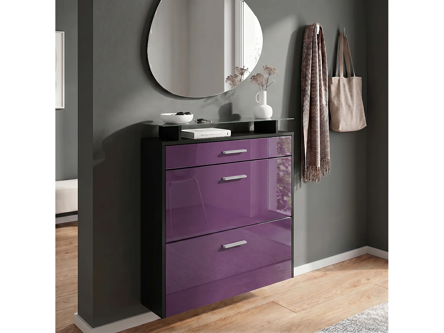 Meuble chaussures Malea, Armoire à chaussures murale pour 16 paires avec 2 clapets, 1 tiroir, Noir mat/Mûre brillant  (89 x 96 x 23 cm)