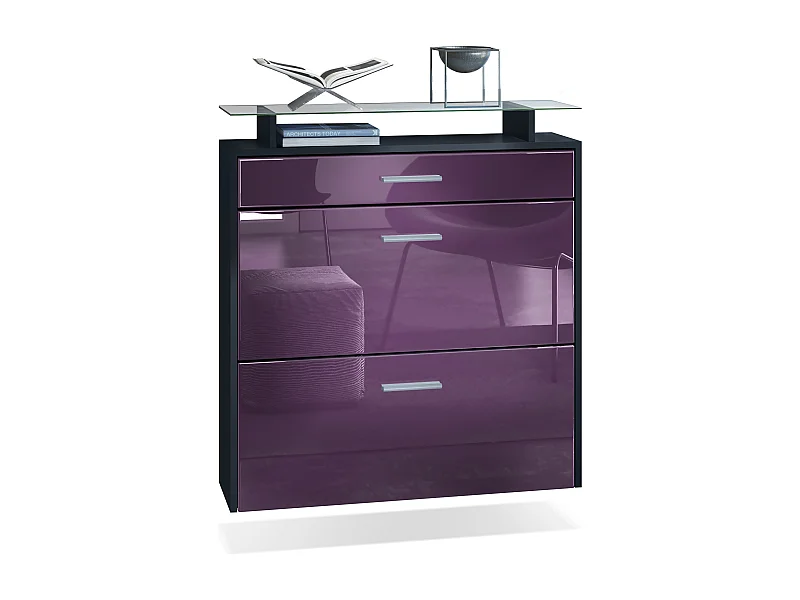 Meuble chaussures Malea, Armoire à chaussures murale pour 16 paires avec 2 clapets, 1 tiroir, Noir mat/Mûre brillant  (89 x 96 x 23 cm)