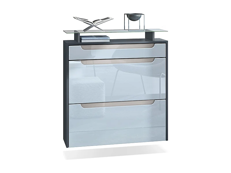 SCHUHSCHRANK Annie Fronten in Weiß Hochglanz, Griffmulden in Sandgrau Hochglanz