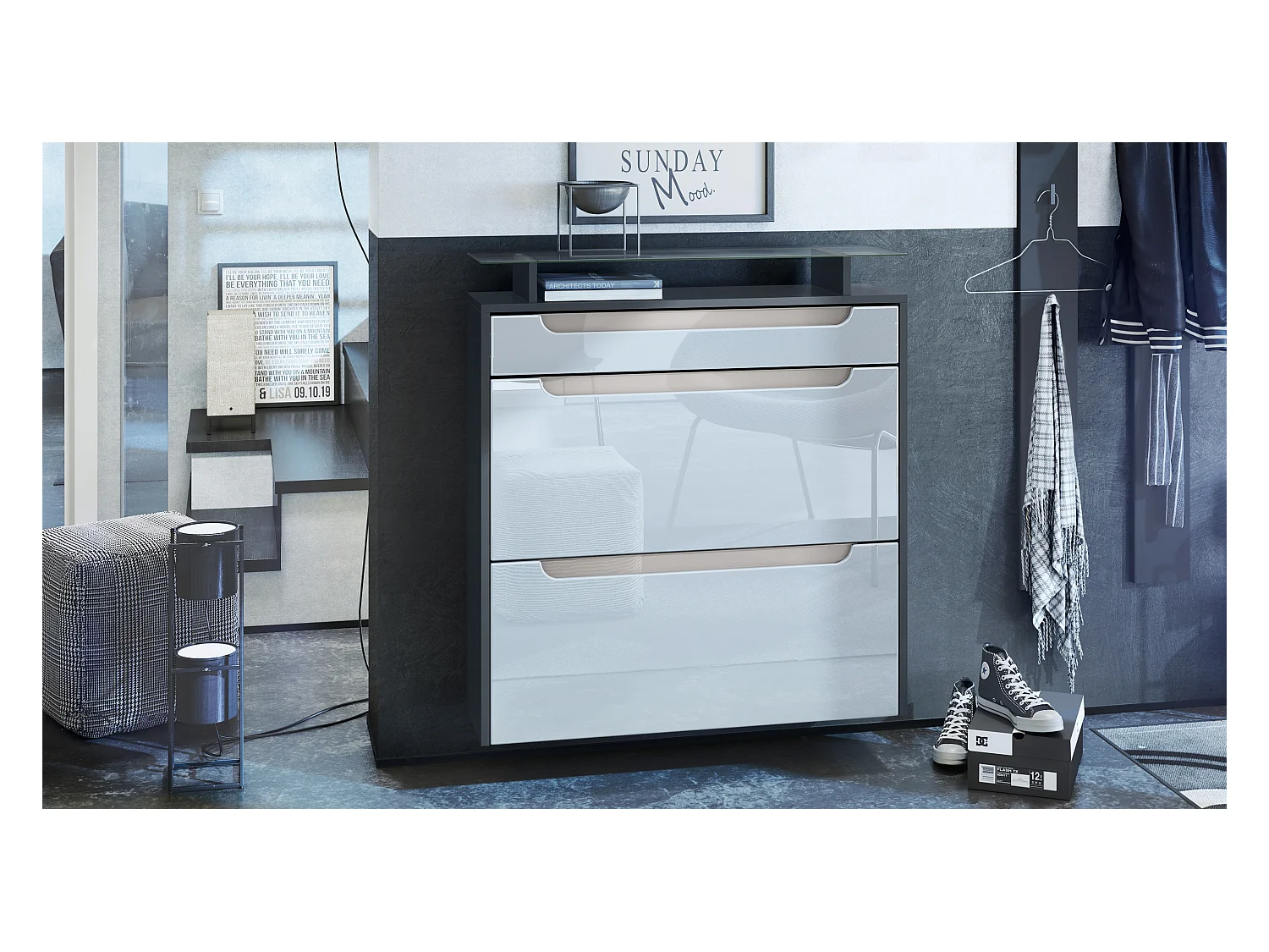 SCHUHSCHRANK Annie Fronten in Weiß Hochglanz, Griffmulden in Sandgrau Hochglanz