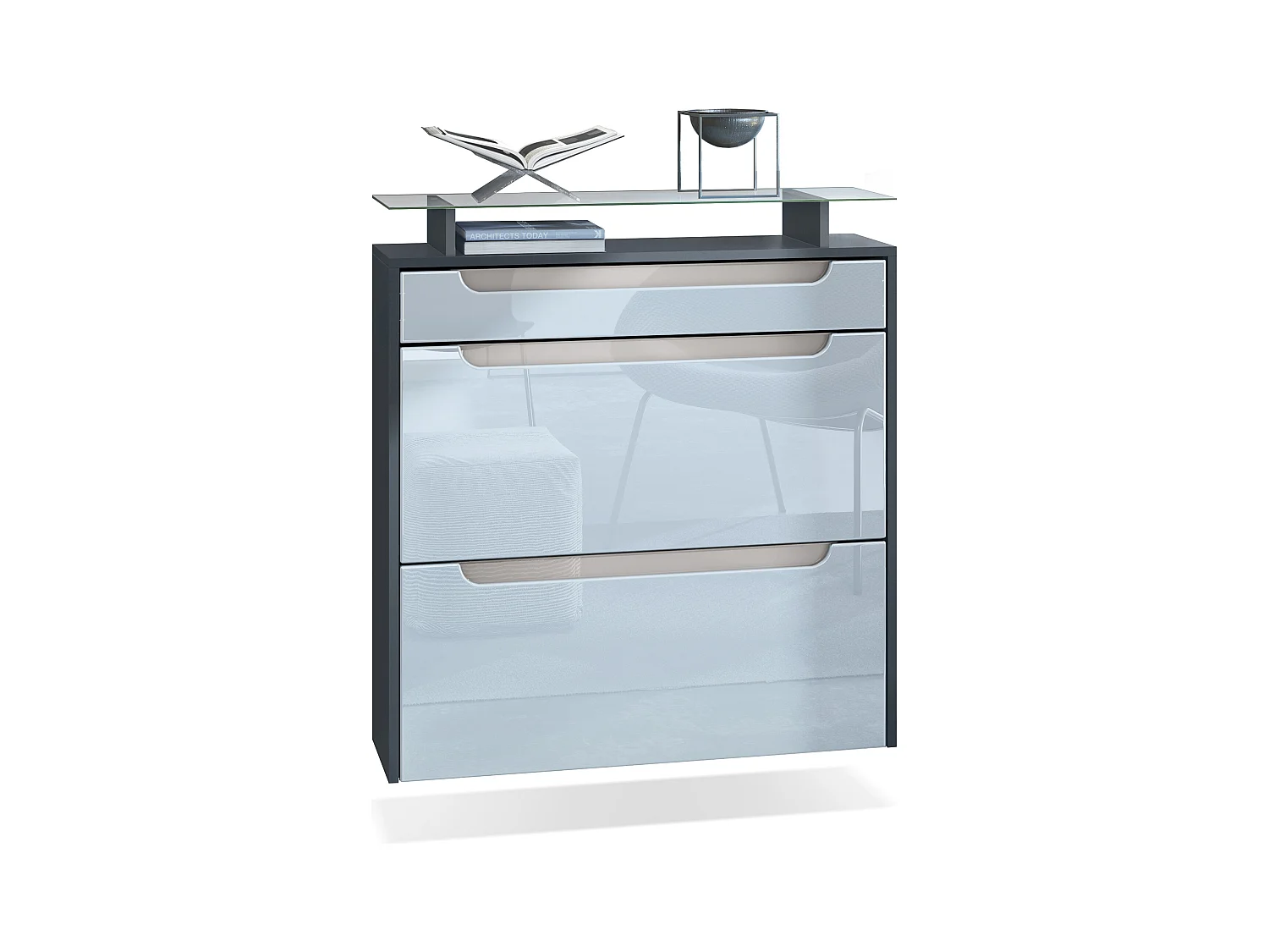 Meuble chaussures Annie pour 16 paires de chaussures, avec tablette en verre, Anthracite mat/Blanc brillant, poignées Gris sable brillant (89x96x23 cm)