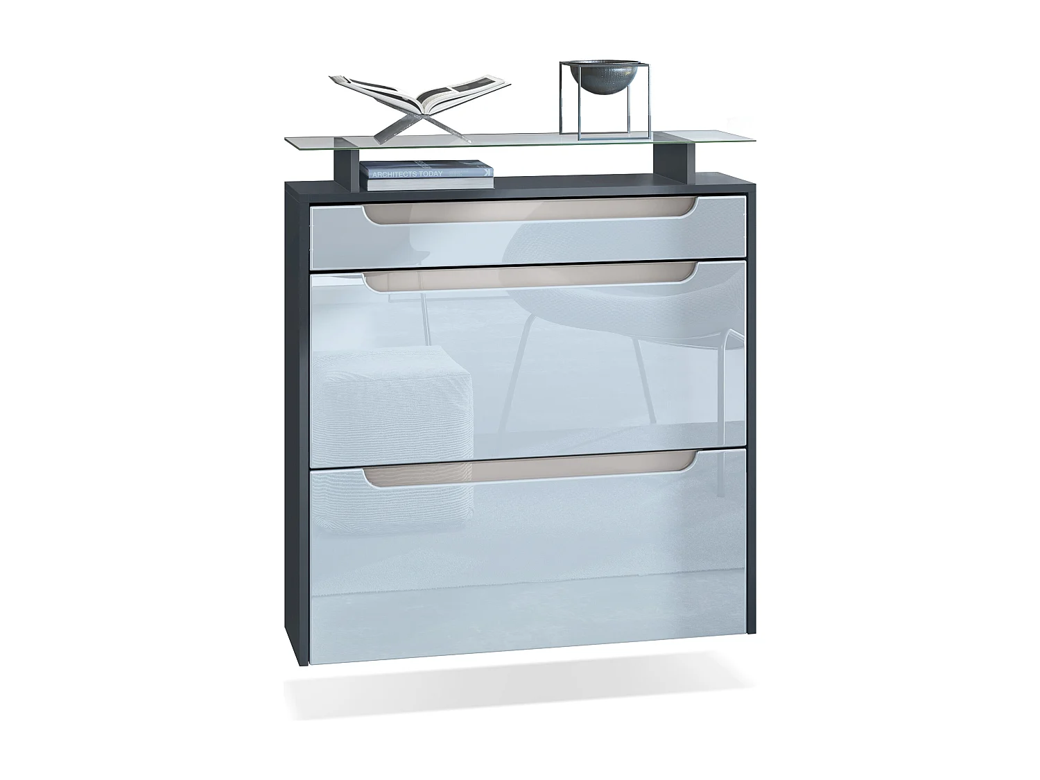 SCHUHSCHRANK Annie Fronten in Weiß Hochglanz, Griffmulden in Sandgrau Hochglanz