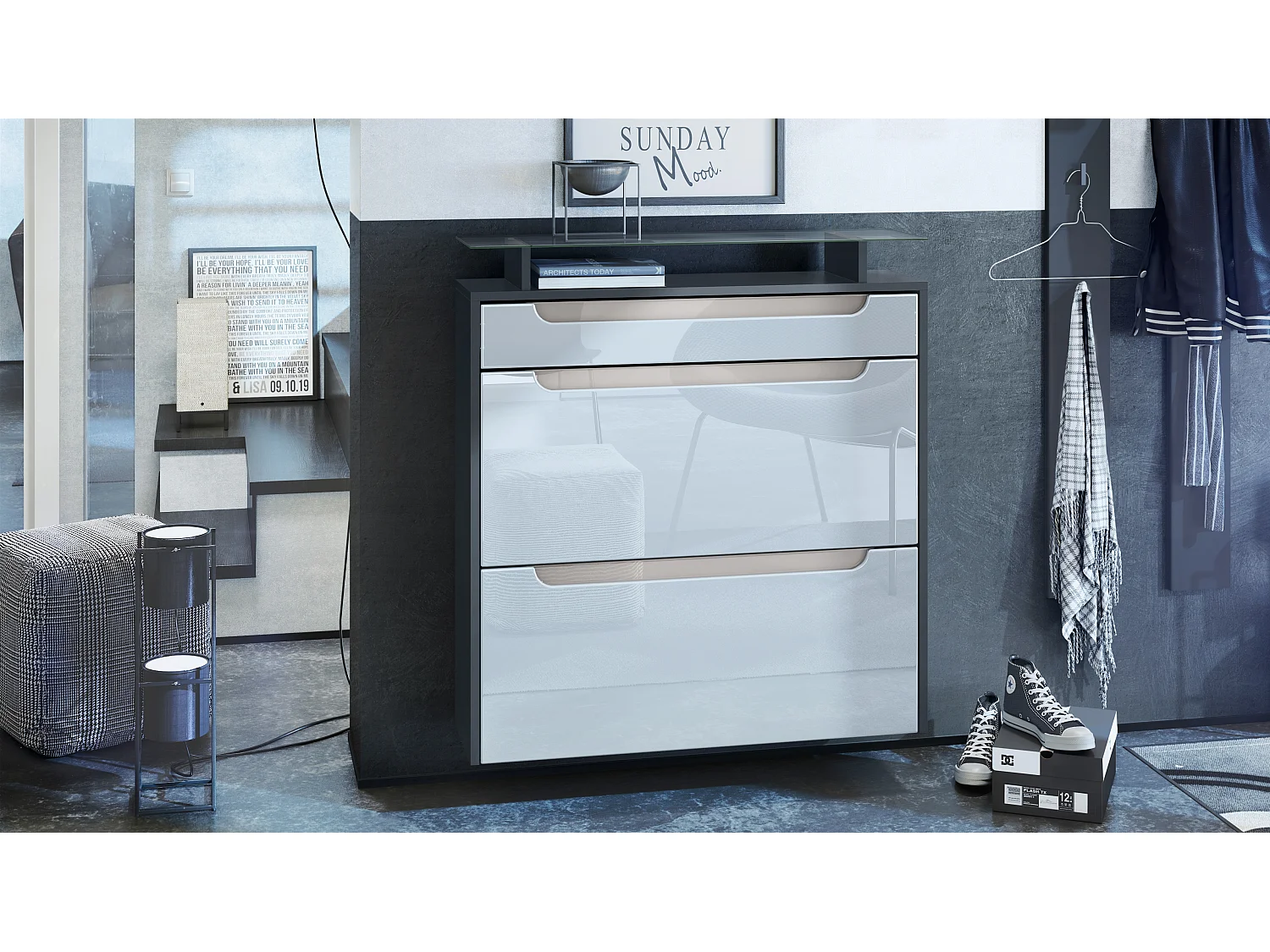 SCHUHSCHRANK Annie Fronten in Weiß Hochglanz, Griffmulden in Sandgrau Hochglanz