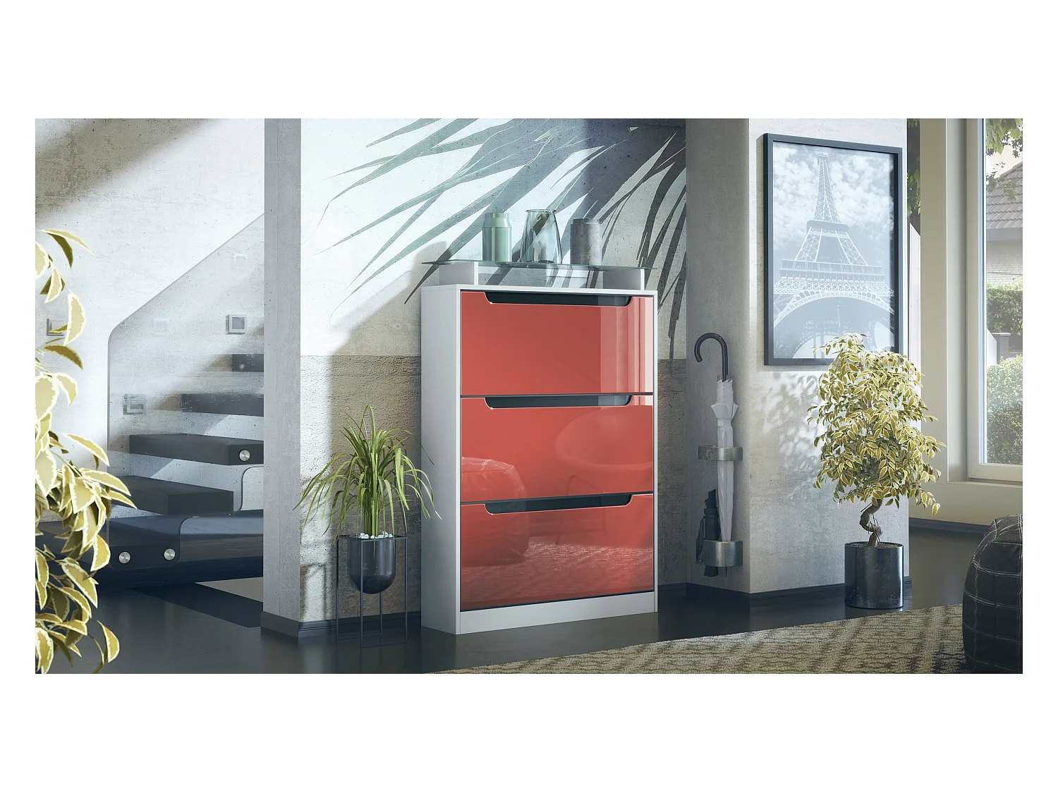 Meuble à chaussures Space, basculant pour 24 paires de chaussures avec 3 clapets et étagère en verre, Blanc mat/Bordeaux haute brillance (89 x 128 x 23 cm)