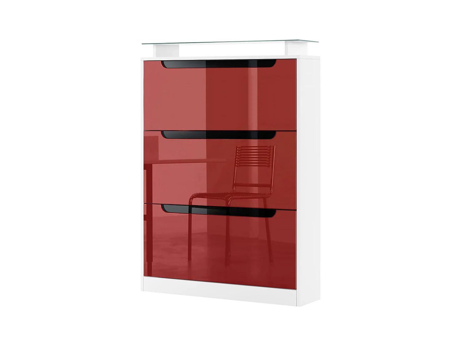 Meuble à chaussures Space, basculant pour 24 paires de chaussures avec 3 clapets et étagère en verre, Blanc mat/Bordeaux haute brillance (89 x 128 x 23 cm)