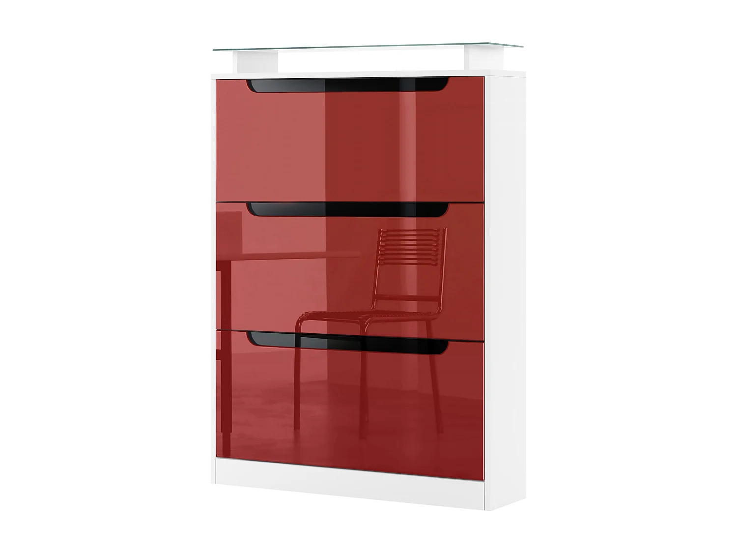 Shoe Cabinet Space, Mobile per 24 paia di scarpe con 3 ante a ribalta e un ripiano in vetro, bianco opaco/bordeaux lucido (89 x 128 x 23 cm)