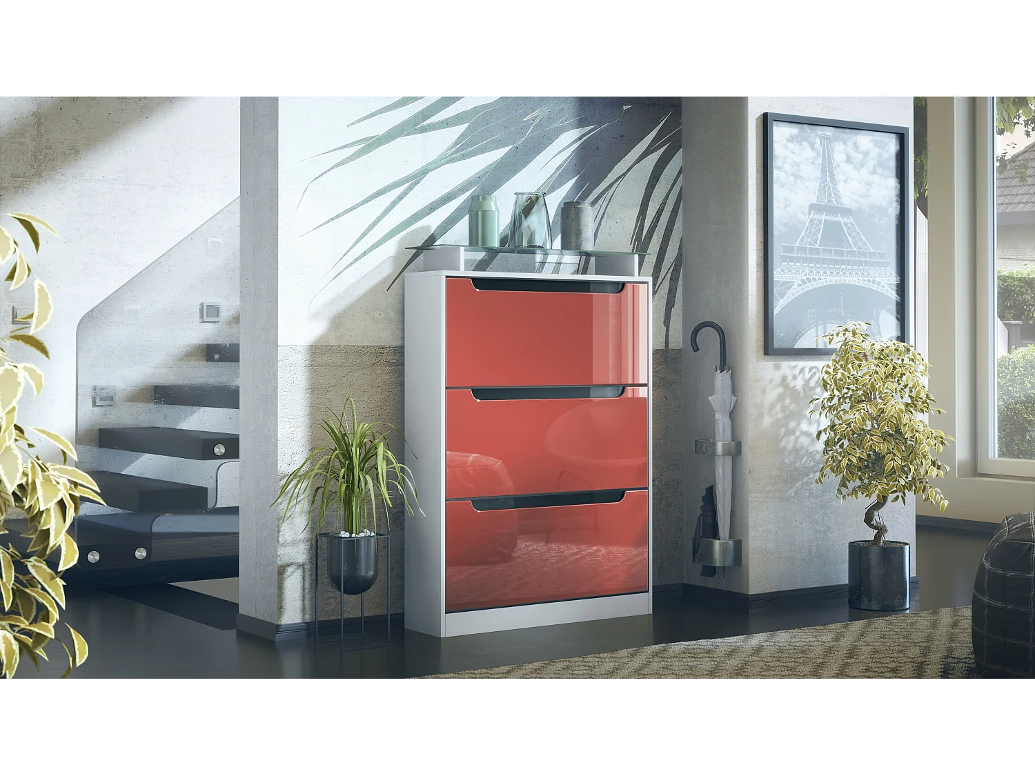 Shoe Cabinet Space, Mobile per 24 paia di scarpe con 3 ante a ribalta e un ripiano in vetro, bianco opaco/bordeaux lucido (89 x 128 x 23 cm)