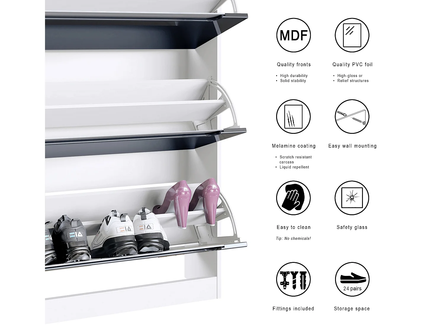 Shoe Cabinet Space, Mobile per 24 paia di scarpe con 3 ante a ribalta e un ripiano in vetro, bianco opaco/bordeaux lucido (89 x 128 x 23 cm)