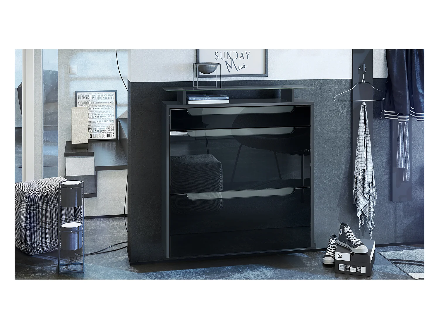 Meuble chaussures Annie pour 16 paires de chaussures avec clapets et tablette en verre, Anthracite mat/Noir brillant, poignées Gris brillant (89x96x23 cm)