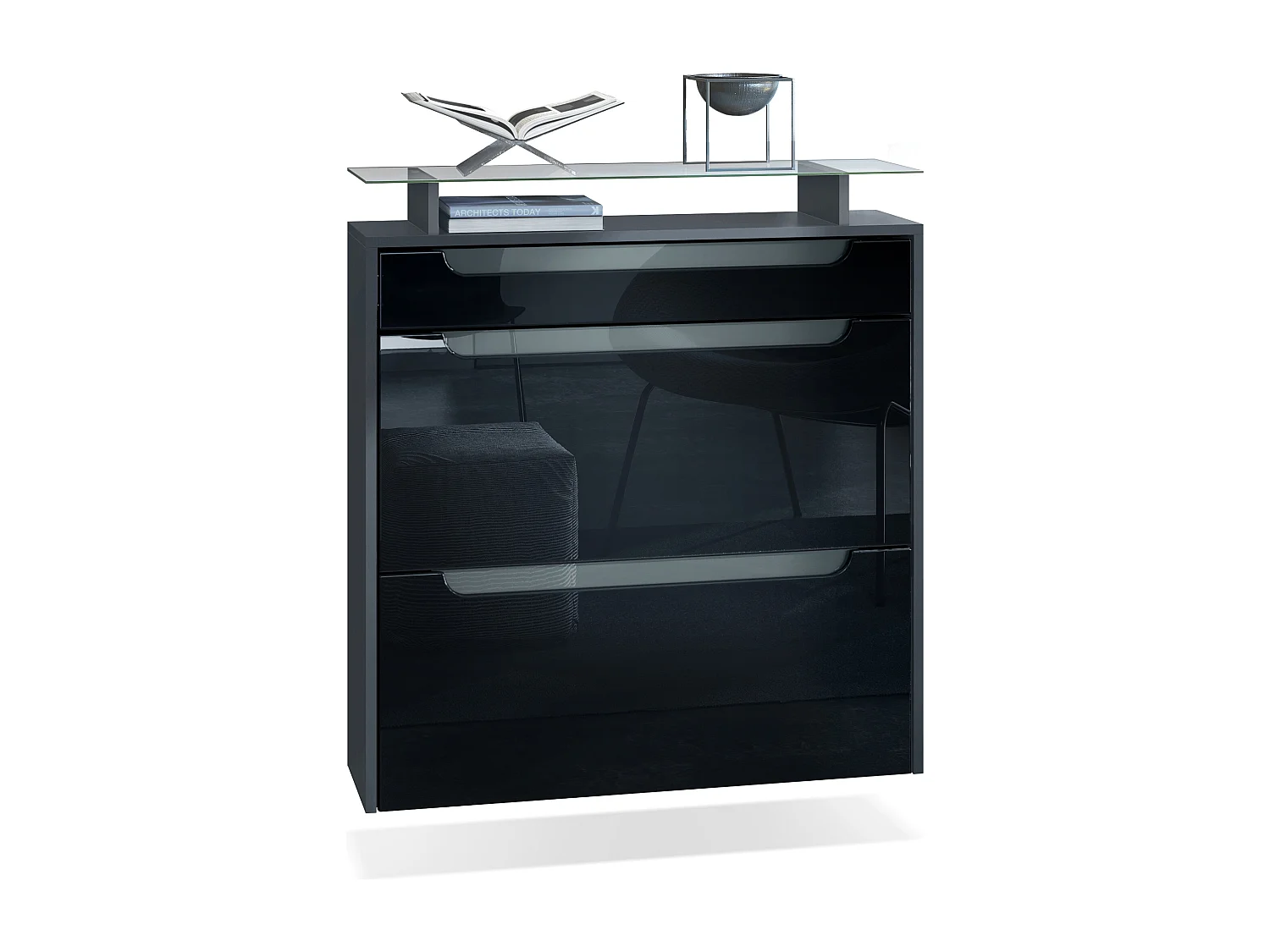 Scarpiera  Annie per 16 paia di scarpe con 2 ante a ribalta e ripiano in vetro, antracite/nero lucido, maniglie incassate in grigio lucido (89 x 96 x 23 cm)