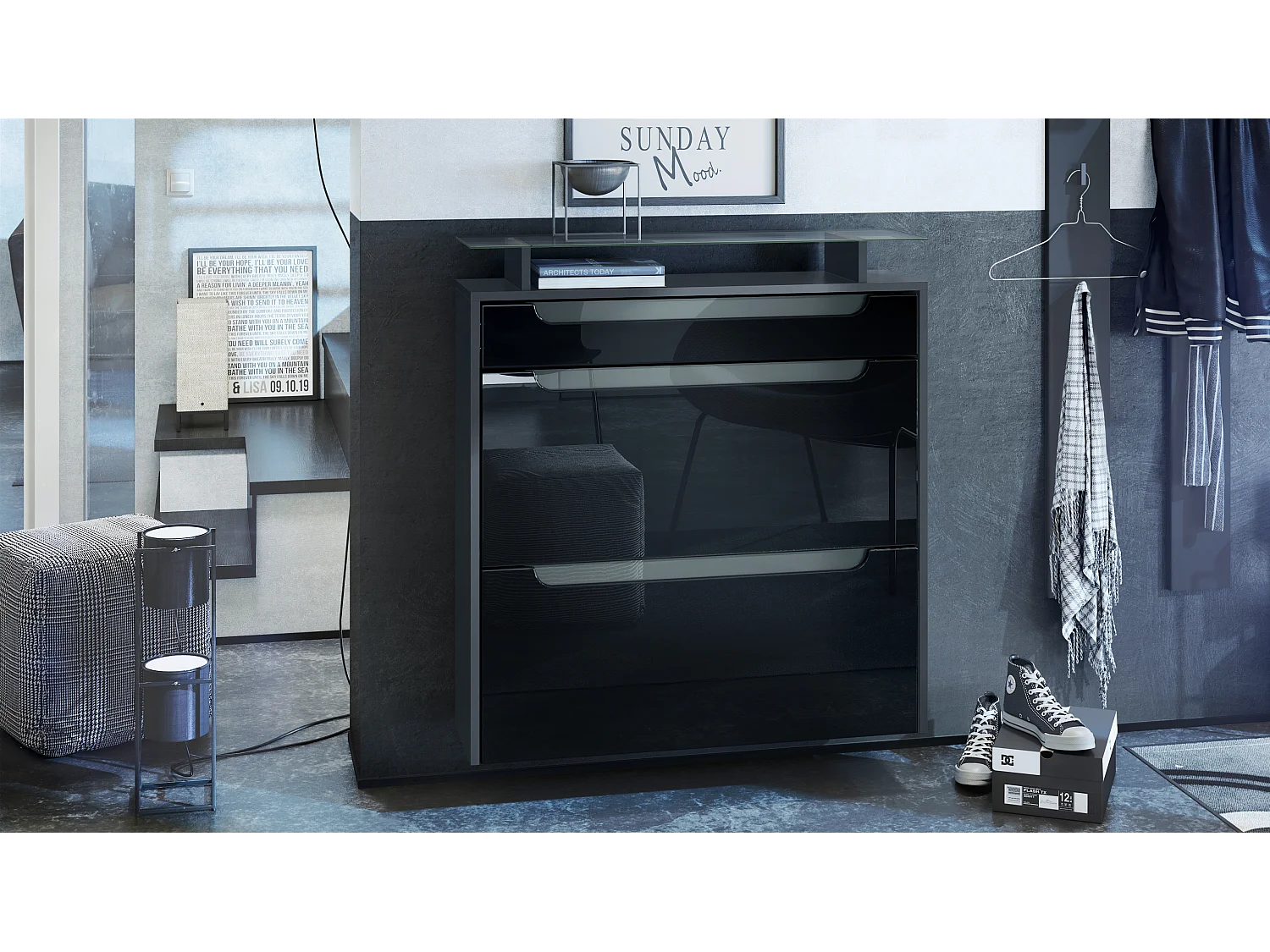 Scarpiera  Annie per 16 paia di scarpe con 2 ante a ribalta e ripiano in vetro, antracite/nero lucido, maniglie incassate in grigio lucido (89 x 96 x 23 cm)