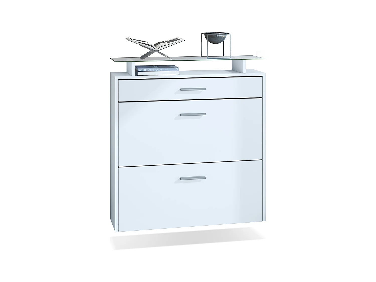 Meuble chaussures Malea, Armoire à chaussures murale pour 16 paires avec 2 clapets, 1 tiroir et 1 tablette en verre, Blanc mat/Blanc mat  (89 x 96 x 23 cm)