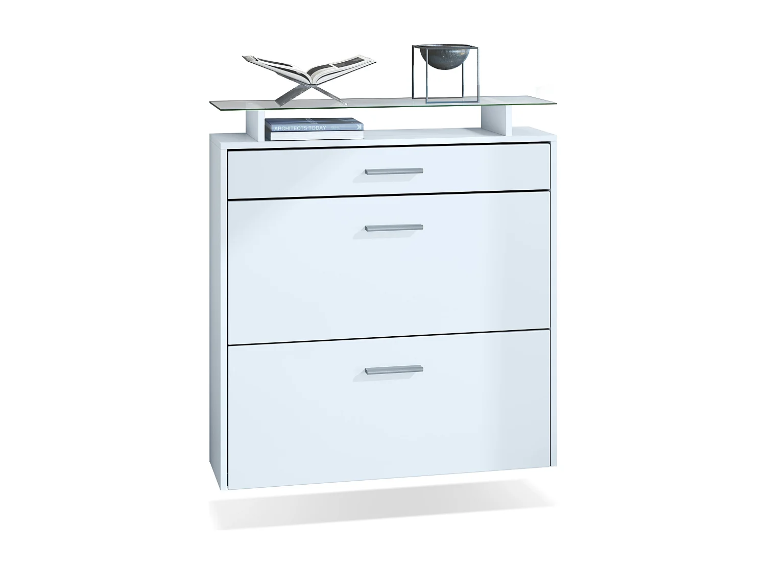 Vladon Zapatero Malea, Zapatero Colgante para 16 pares de zapatos con 2 Puertas abatibles y 1 Cajón y Estante de cristal, Blanco mate/Blanco mate (89 x 96 x 23 cm)