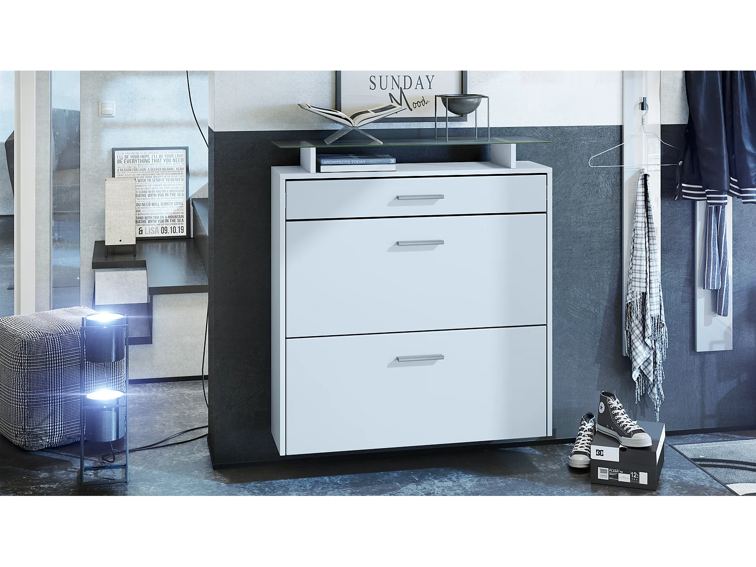 Vladon Zapatero Malea, Zapatero Colgante para 16 pares de zapatos con 2 Puertas abatibles y 1 Cajón y Estante de cristal, Blanco mate/Blanco mate (89 x 96 x 23 cm)