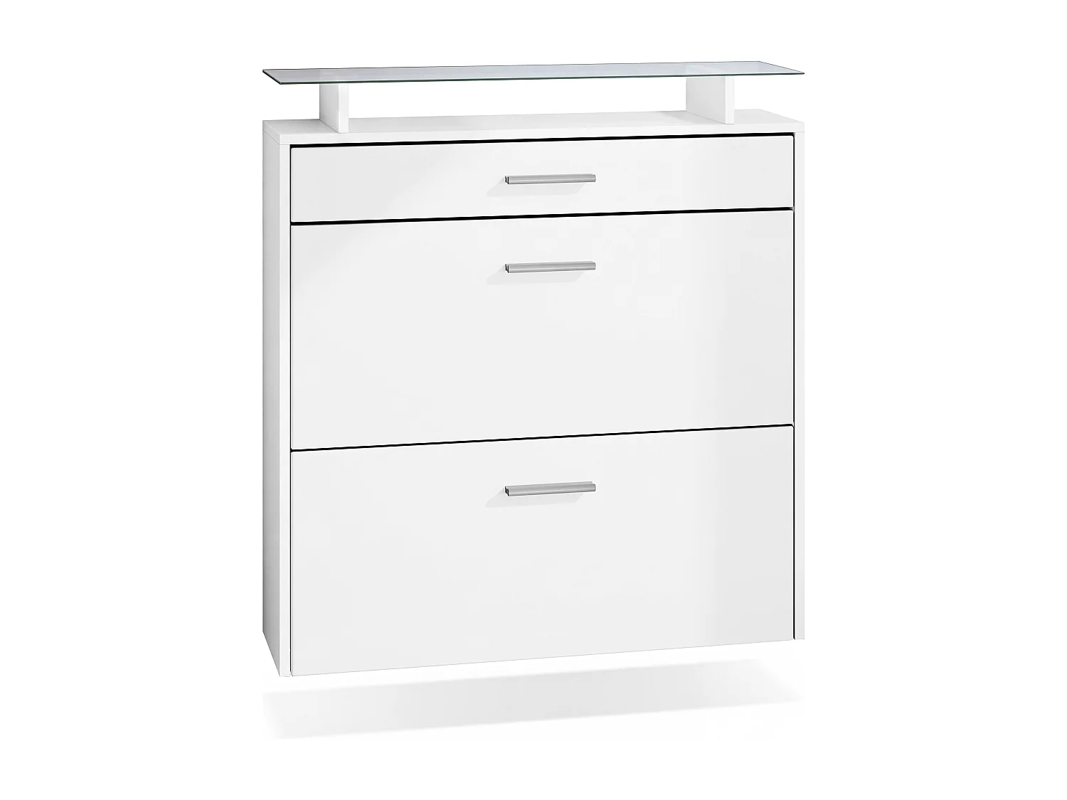 Vladon Zapatero Malea, Zapatero Colgante para 16 pares de zapatos con 2 Puertas abatibles y 1 Cajón y Estante de cristal, Blanco mate/Blanco mate (89 x 96 x 23 cm)