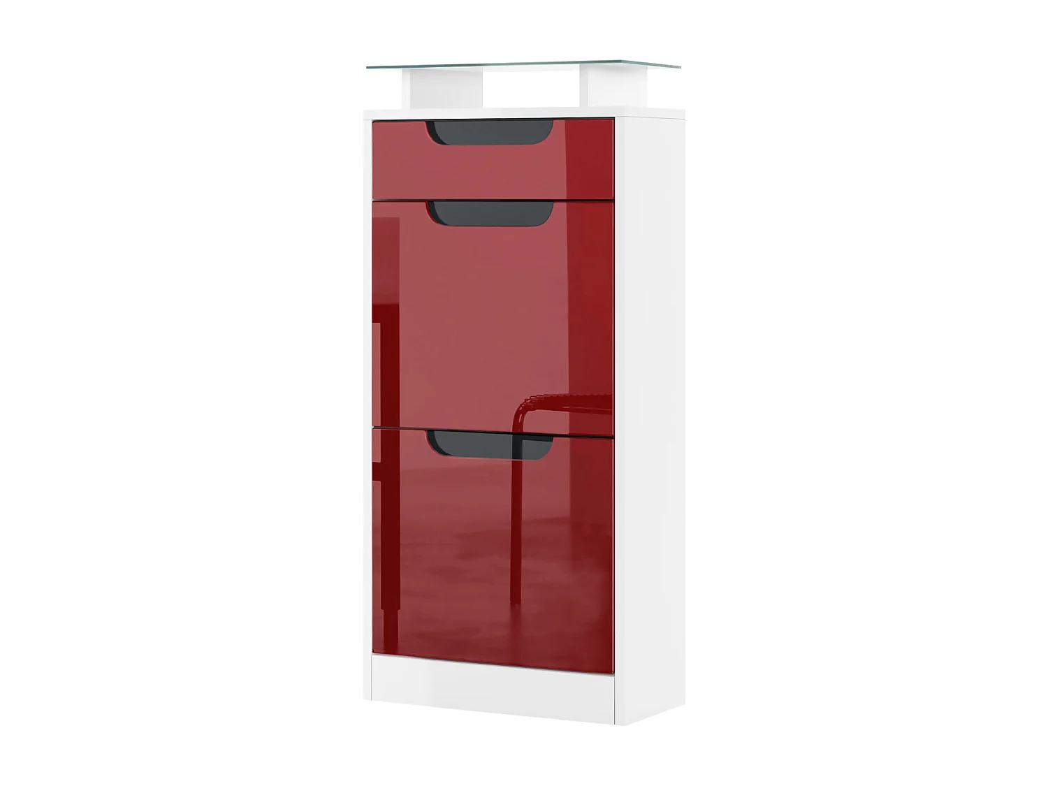 Meuble à chaussures Fiesta V2, Corps en Blanc mat / Façades en Bordeaux haute brillance avec un decor en Noir haute brillance
