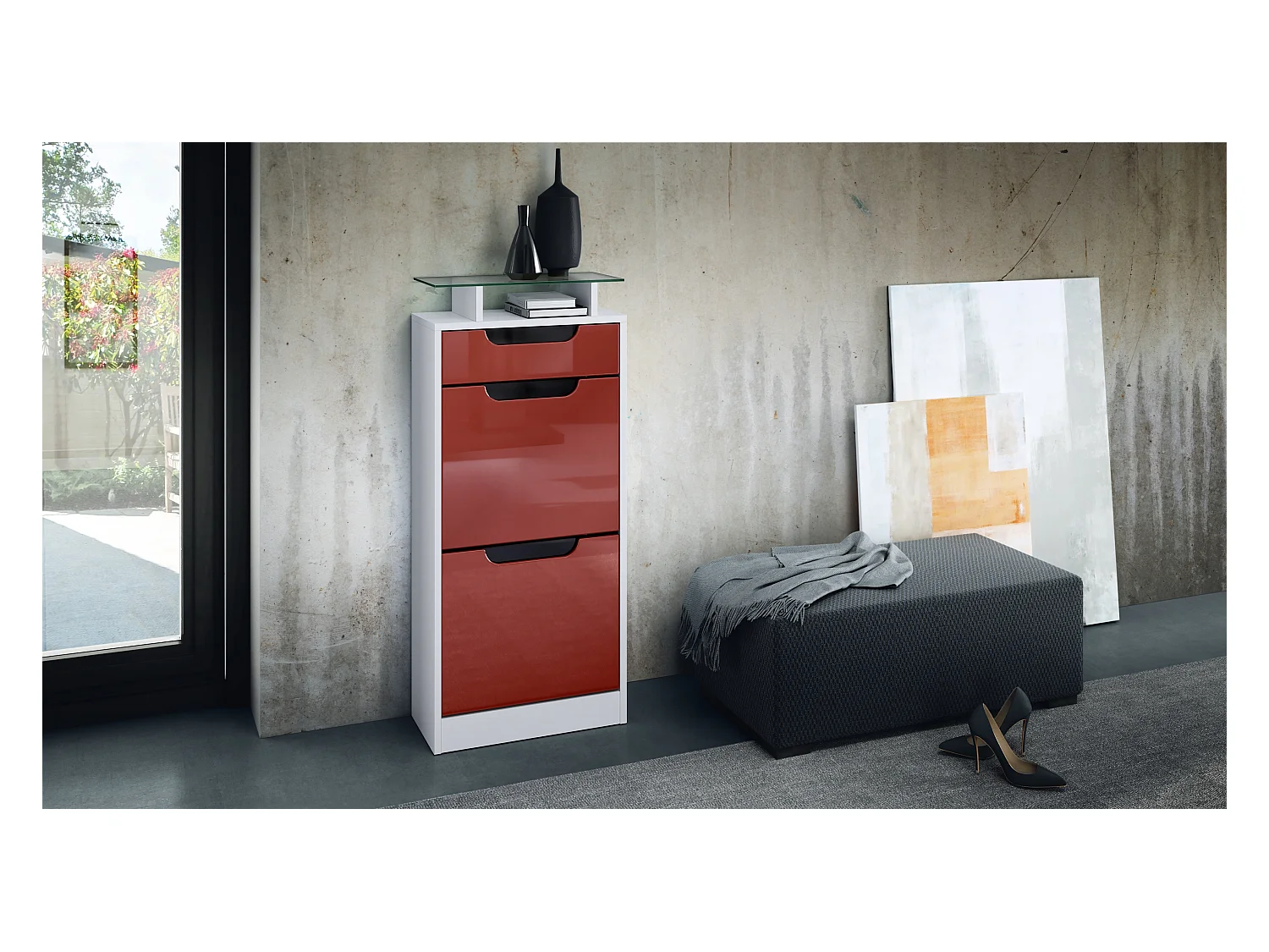 Meuble à chaussures Fiesta V2, Corps en Blanc mat / Façades en Bordeaux haute brillance avec un decor en Noir haute brillance