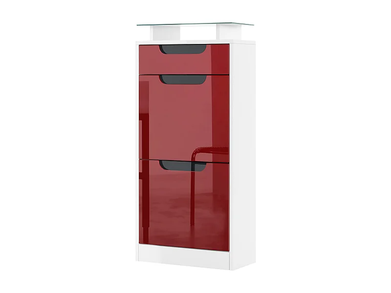 Meuble à chaussures Fiesta V2, Corps en Blanc mat / Façades en Bordeaux haute brillance avec un decor en Noir haute brillance