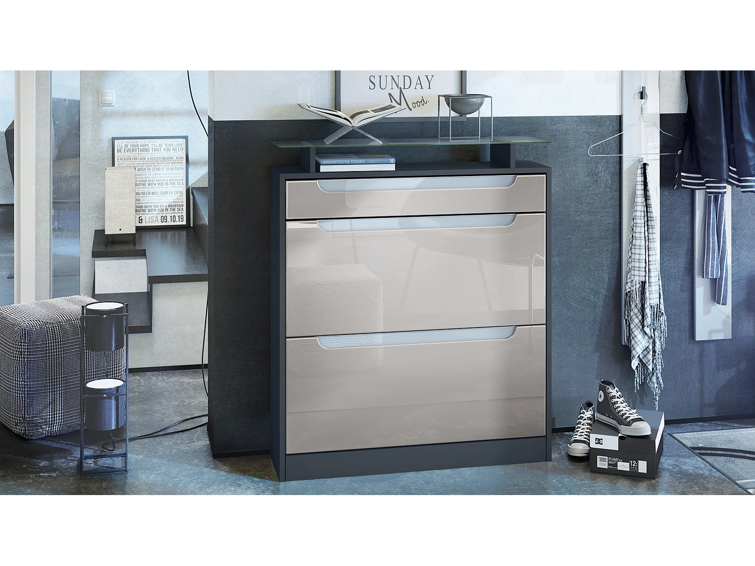 SCHUHSCHRANK Fiesta Fronten in Sandgrau Hochglanz, Griffmulden in Weiß Hochglanz