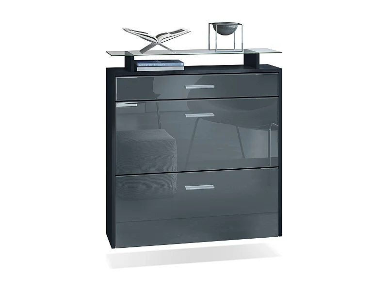 Malea, scarpiera a muro per 16 paia di scarpe con 2 ante a ribalta, 1 cassetto e ripiano in vetro, nero opaco/grigio lucido (89 x 96 x 23 cm)