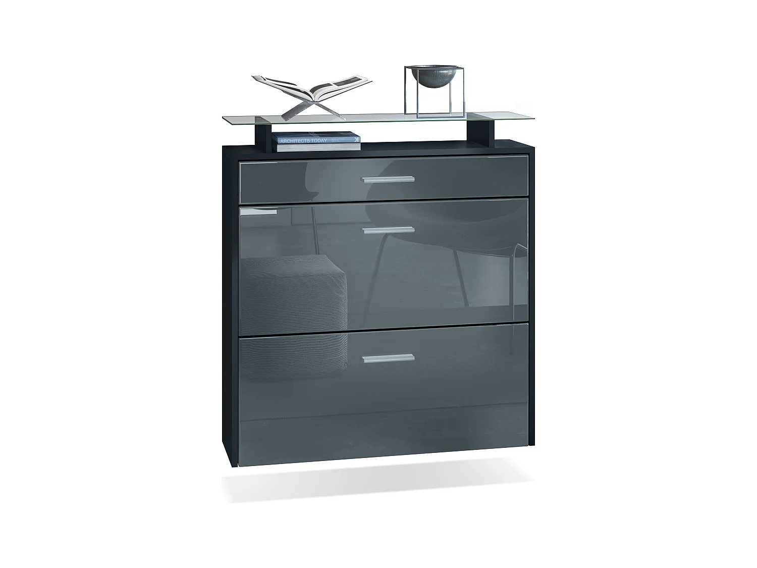 Meuble chaussures Malea, Armoire à chaussures murale pour 16 paires avec 2 clapets, 1 tiroir, Noir mat/Gris brillant  (89 x 96 x 23 cm)