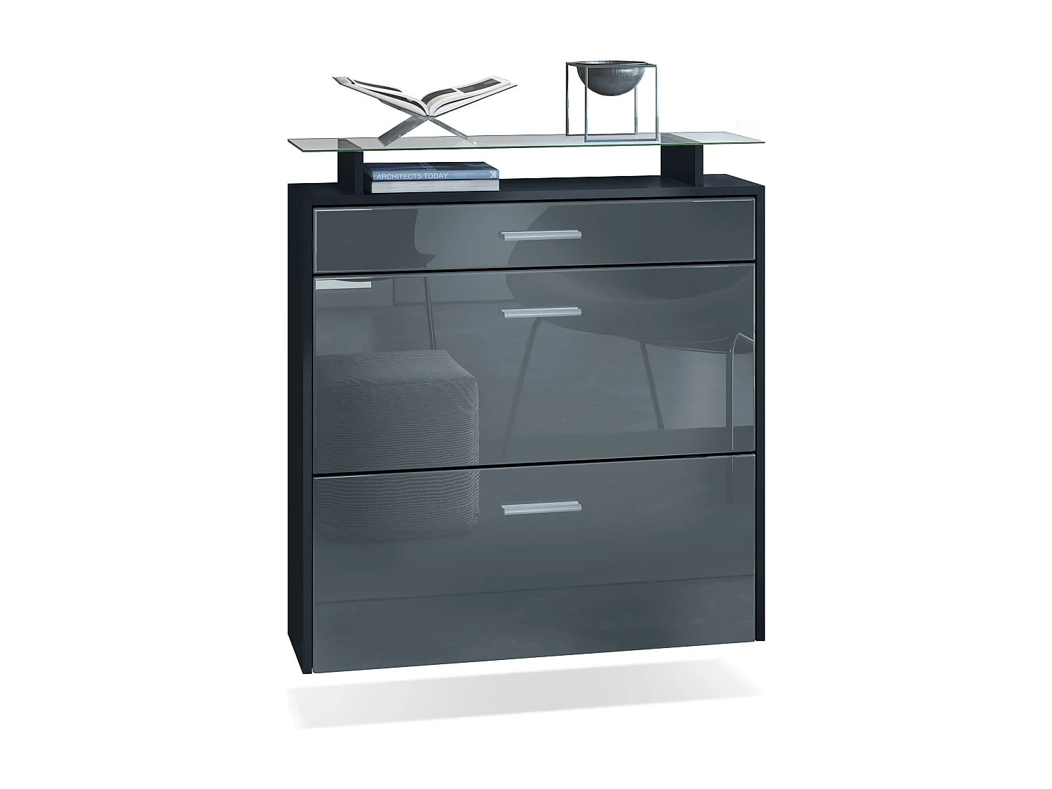 Malea, scarpiera a muro per 16 paia di scarpe con 2 ante a ribalta, 1 cassetto e ripiano in vetro, nero opaco/grigio lucido (89 x 96 x 23 cm)