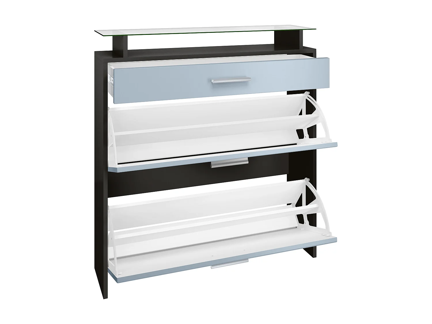 Malea, scarpiera a muro per 16 paia di scarpe con 2 ante a ribalta, 1 cassetto e ripiano in vetro, nero opaco/grigio lucido (89 x 96 x 23 cm)