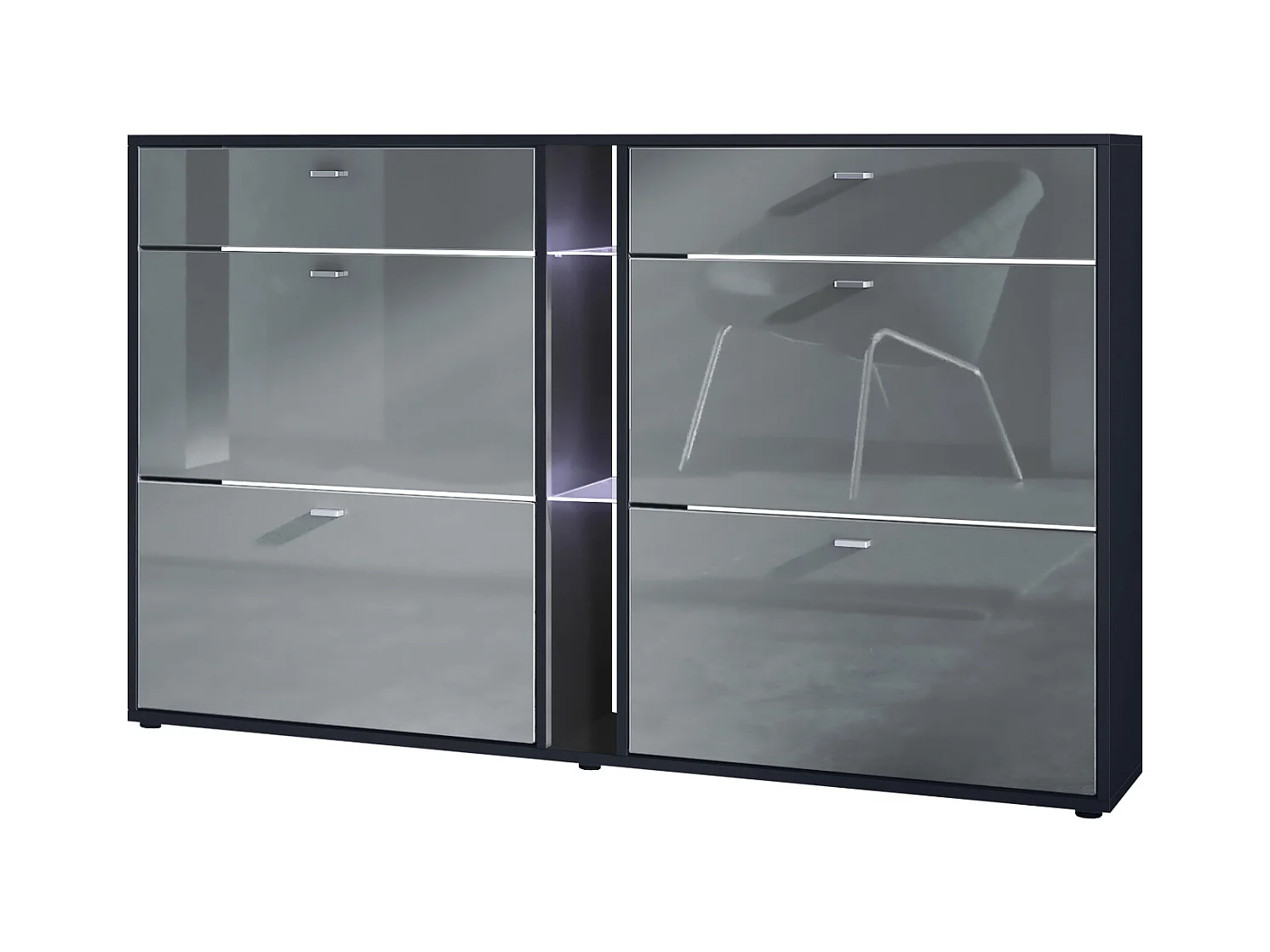 Meuble à chaussures à bascule Today 155,5 x 95 x 28 cm, avec un éclairage LED blanc, corps en Noir mat, façades en gris haute brillance