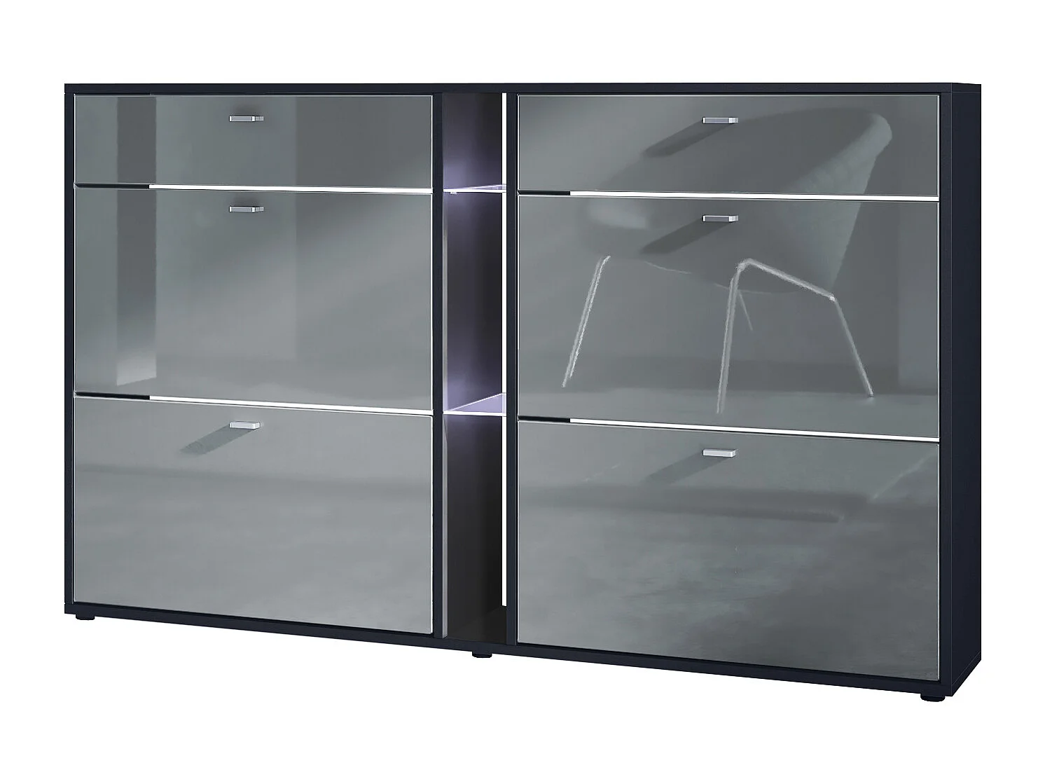 Scarpiera Today con 4 ante e 2 cassetti 155,5 x 95 x 28 cm, con illuminazione LED bianca, struttura in nero opaco, frontali in grigio lucido